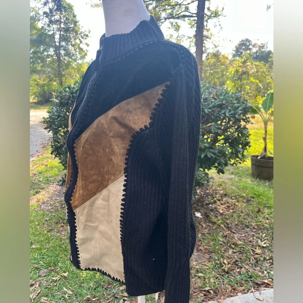 Designers Studio Originals Sweater Leather Suede Patchwork Zip Y2K Retro Women L - Picture 4 of 7